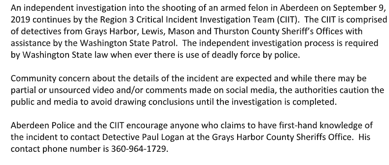 Aberdeen Police Chief Shumate Says on September 10th. Full Story below this update. Image